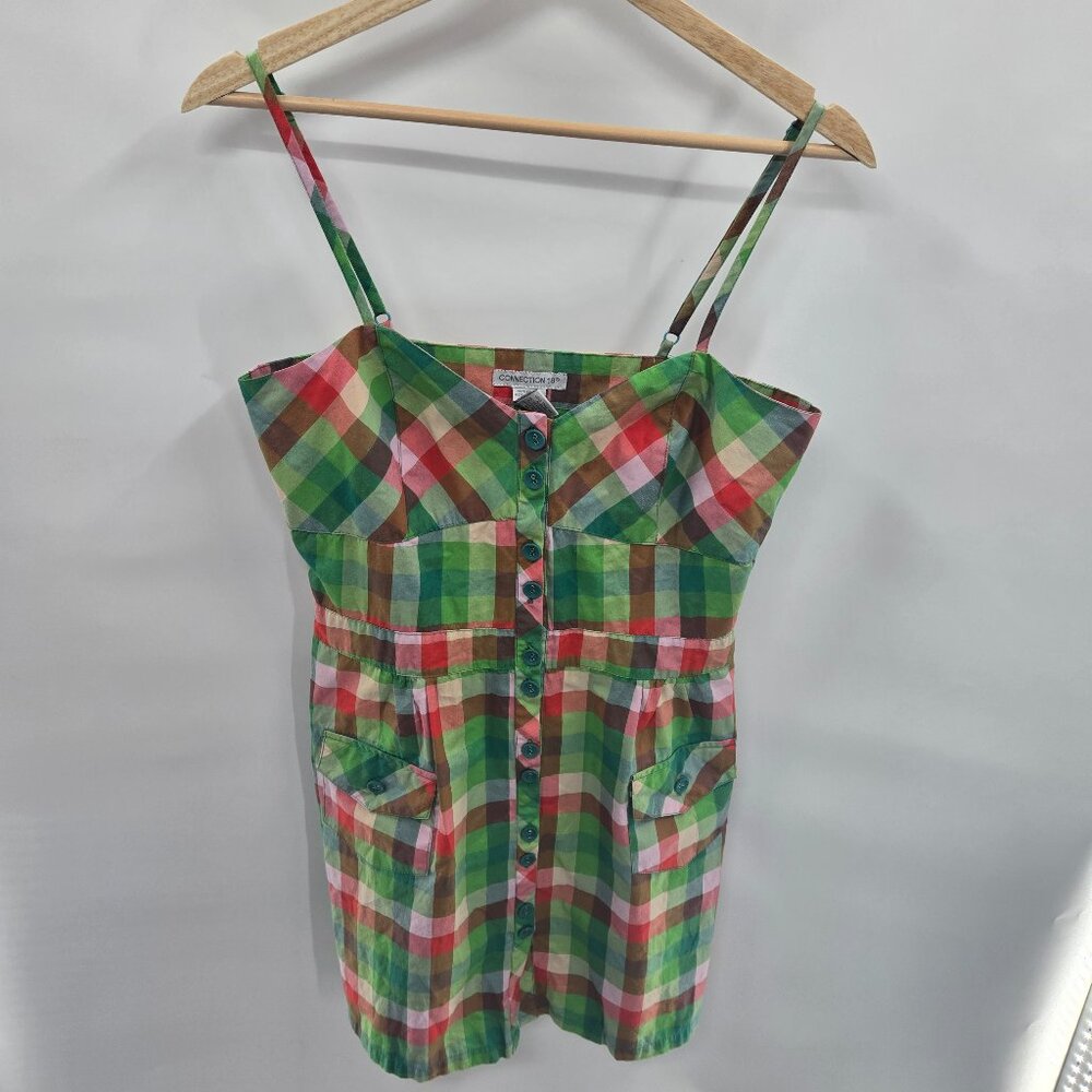 Connection 18 Button Down Spaghetti Straps Twee Plaid Dress Juniors Large